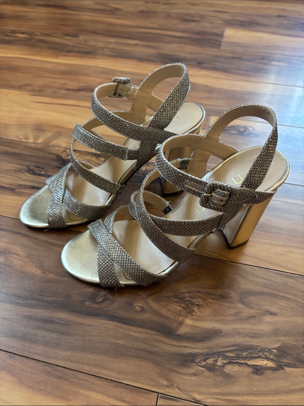 Unisa Gold Strappy Block Heel Sandals